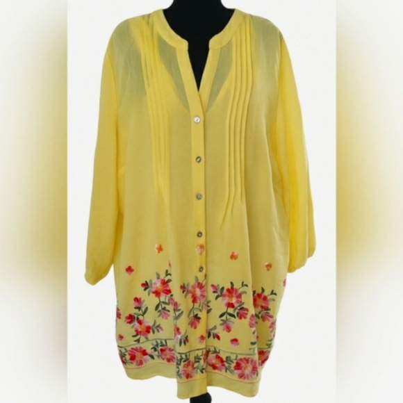Boho 2XL Chic Artisy Yellow Lagenlook Embroidered Floral Tunic Top - Picture 2 of 9